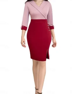 Online Women's Work Dress Shift Dress Elegant Office Daily Midi Dress Patchwork V Neck 3/4 Length Sleeve Plain Regular Fit Spring Fall S M L XL 2XL Women Work Dresses