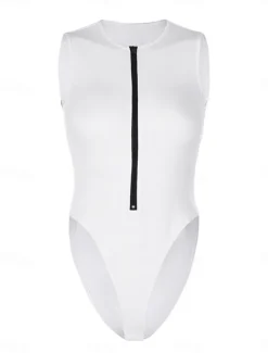 Online Women's Workout Bodysuit Zipper Solid Color Crew Neck Streetwear Street Daily Loose Fit Sleeveless Black White Red S M L Summer Fall Gym Women Bodysuits