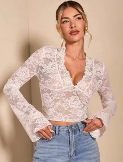 Women's Wrap Crop Top Sexy Long Sleeve V Neck Regular Tops Lace Black White Summer Spring Women Lace Tops