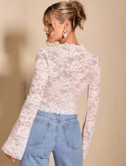 Women's Wrap Crop Top Sexy Long Sleeve V Neck Regular Tops Lace Black White Summer Spring Women Lace Tops