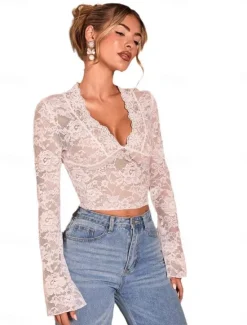 Women's Wrap Crop Top Sexy Long Sleeve V Neck Regular Tops Lace Black White Summer Spring Women Lace Tops