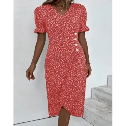 Online Women's Wrap Dress Floral Ditsy Floral Button Print V Neck Midi Dress Classic Daily Vacation Short Sleeve Summer Spring Women Spring Dresses|Floral Dresses