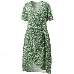 Online Women's Wrap Dress Floral Ditsy Floral Button Print V Neck Midi Dress Classic Daily Vacation Short Sleeve Summer Spring Women Spring Dresses|Floral Dresses