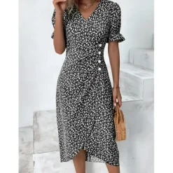 Online Women's Wrap Dress Floral Ditsy Floral Button Print V Neck Midi Dress Classic Daily Vacation Short Sleeve Summer Spring Women Spring Dresses|Floral Dresses
