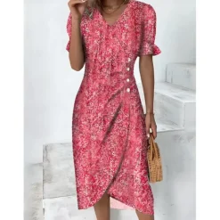 Online Women's Wrap Dress Floral Ditsy Floral Button Print V Neck Midi Dress Classic Daily Vacation Short Sleeve Summer Spring Women Spring Dresses|Floral Dresses