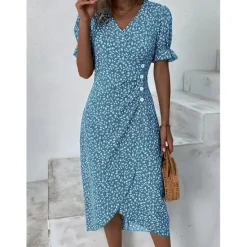 Online Women's Wrap Dress Floral Ditsy Floral Button Print V Neck Midi Dress Classic Daily Vacation Short Sleeve Summer Spring Women Spring Dresses|Floral Dresses