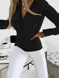 Best Women's Wrap Elegant Stylish Modern Solid Color Lace Ruched Hollow Out Long Sleeve V Neck Daily Black White Spring Fall Winter Women Lace Tops