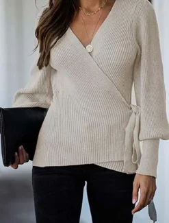 Hot Women's Wrap Knit Sweater V Neck Ribbed Knit Knitted Lantern Sleeve Fall Winter Work Elegant Fashion Daily Long Sleeve Solid Color Black Beige Women Cardigans & Outerwears