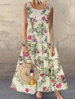 New Women's Yellow Blue Purple Summer Spring Maxi Dress Cotton Linen Dresses Casual Dress Cotton Summer Dress Fashion Modern Daily Weekend Regular Fit Floral Crew Neck Women Dresses
