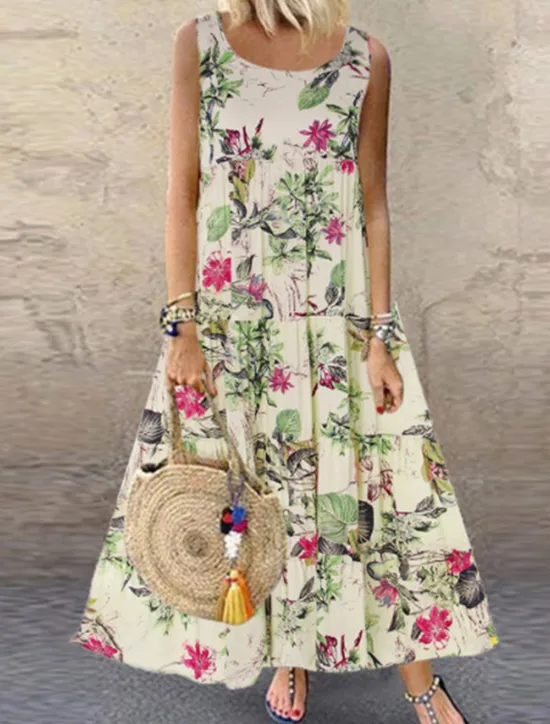 New Women's Yellow Blue Purple Summer Spring Maxi Dress Cotton Linen Dresses Casual Dress Cotton Summer Dress Fashion Modern Daily Weekend Regular Fit Floral Crew Neck Women Dresses