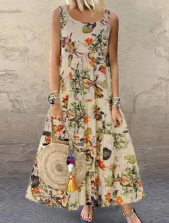 New Women's Yellow Blue Purple Summer Spring Maxi Dress Cotton Linen Dresses Casual Dress Cotton Summer Dress Fashion Modern Daily Weekend Regular Fit Floral Crew Neck Women Dresses