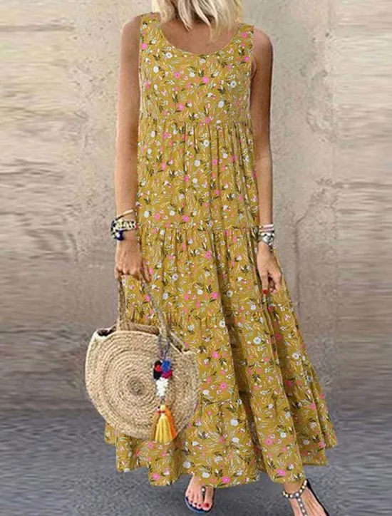 New Women's Yellow Blue Purple Summer Spring Maxi Dress Cotton Linen Dresses Casual Dress Cotton Summer Dress Fashion Modern Daily Weekend Regular Fit Floral Crew Neck Women Dresses