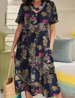 Clearance Women's Yellow Navy Blue Purple Summer Spring Midi Dress Cotton Linen Dresses Casual Dress Cotton Summer Dress Basic Casual Outdoor Vacation Daily Loose Fit Floral Flower V Neck Women Dresses