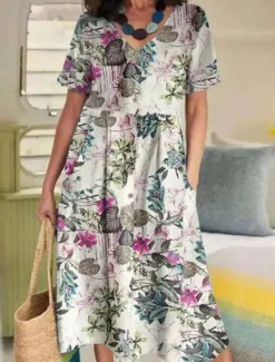 Clearance Women's Yellow Navy Blue Purple Summer Spring Midi Dress Cotton Linen Dresses Casual Dress Cotton Summer Dress Basic Casual Outdoor Vacation Daily Loose Fit Floral Flower V Neck Women Dresses