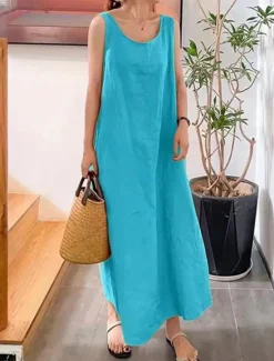 Outlet Women's Yellow Pink Red Summer Spring Maxi Dress Cotton Linen Dresses Casual Dress Cotton Summer Dress Basic Casual Vacation Daily Holiday Loose Fit Pure Color Crew Neck Women Dresses