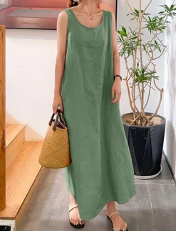 Outlet Women's Yellow Pink Red Summer Spring Maxi Dress Cotton Linen Dresses Casual Dress Cotton Summer Dress Basic Casual Vacation Daily Holiday Loose Fit Pure Color Crew Neck Women Dresses