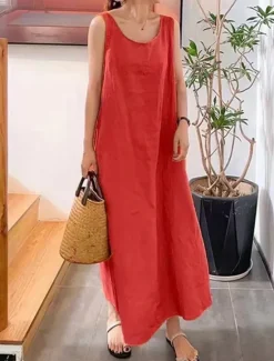 Outlet Women's Yellow Pink Red Summer Spring Maxi Dress Cotton Linen Dresses Casual Dress Cotton Summer Dress Basic Casual Vacation Daily Holiday Loose Fit Pure Color Crew Neck Women Dresses