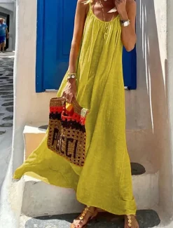 Best Women's Yellow Red Blue Summer Spring Maxi long Dress Cotton Linen Dresses Casual Dress Strap Dress Basic Modern Vacation Daily Weekend Loose Fit Plain U Neck Women Dresses
