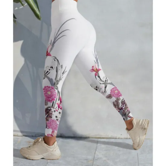 Women's Yoga Pants Tummy Control Butt Lift High Waist Yoga Fitness Gym Workout Tights Leggings Bottoms Floral Black / Red White+Yellow White Spandex Fall Winter Sports Activewear Stretchy Women Leggings